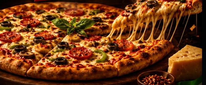 A fresh pizza with a cheese pull